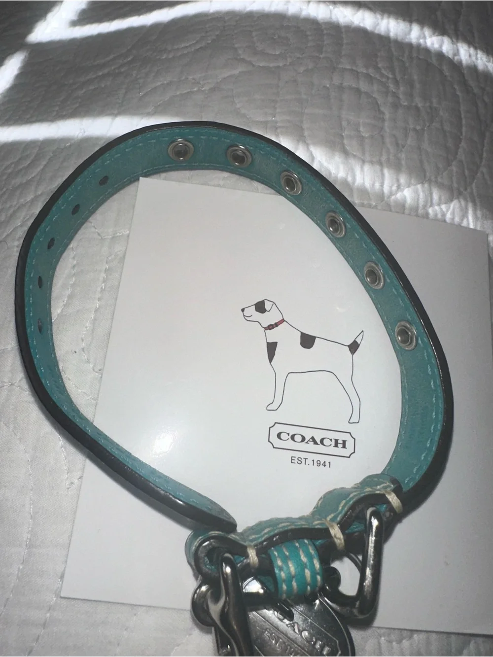 Coach XS Teal Leather Dog Collar with Silver Hardware